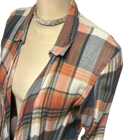 NATURAL REFLECTIONS Open Cardigan Sz L Coral Plaid Check Waterfall Lace Back - Picture 4 of 11